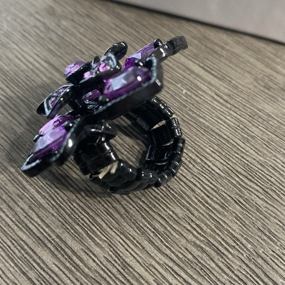 Purple Stones Black Flower Stretch Band Ring New - Picture 5 of 10